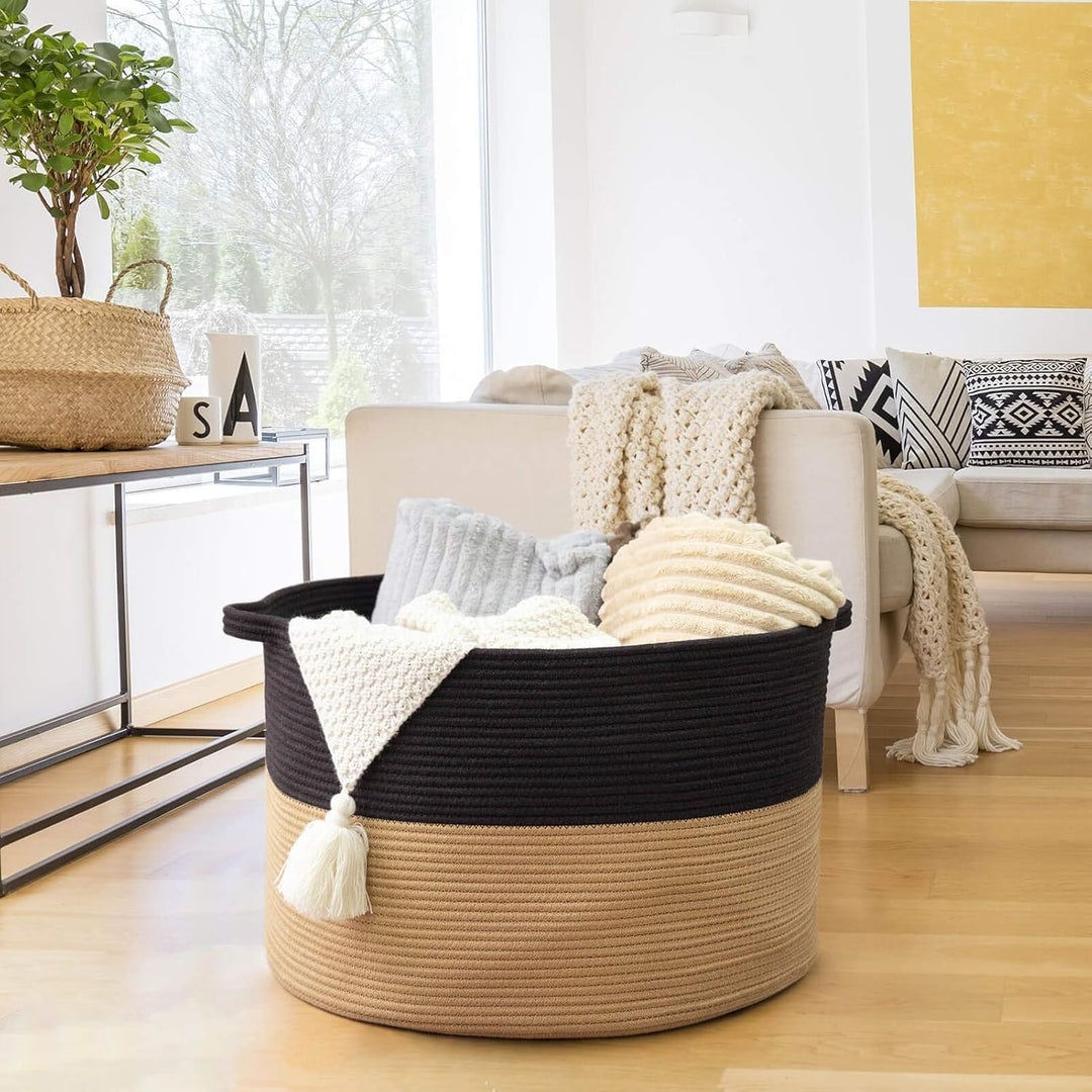 XXXLarge Cotton Rope Basket, 21.7" x 21.7" x 13.8", Woven Wicker Basket, Baby Laundry Hamper for Blankets, Toys Storage Basket with Handle, Camel Black - Just Closeouts Canada Inc.