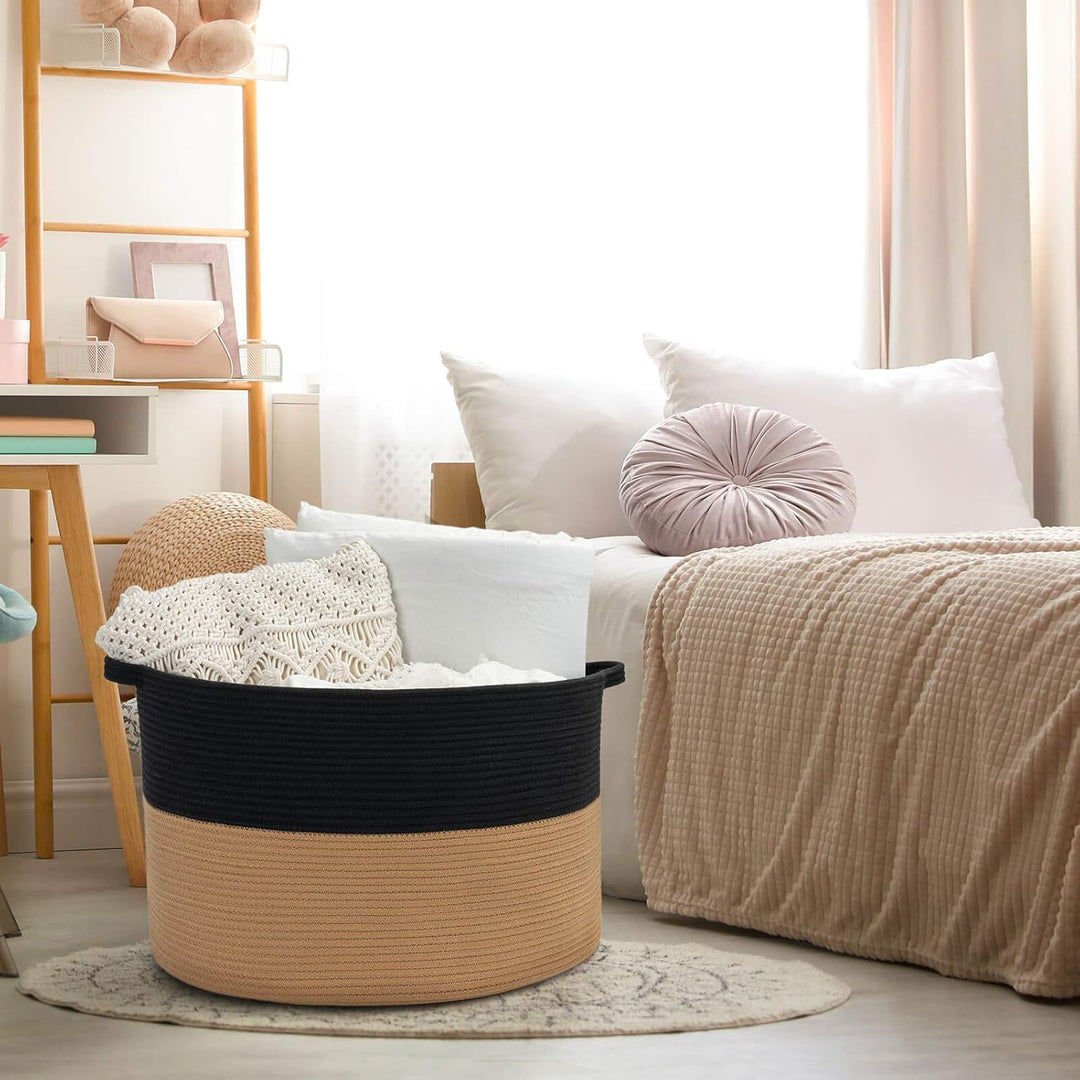 XXXLarge Cotton Rope Basket, 21.7" x 21.7" x 13.8", Woven Wicker Basket, Baby Laundry Hamper for Blankets, Toys Storage Basket with Handle, Camel Black - Just Closeouts Canada Inc.