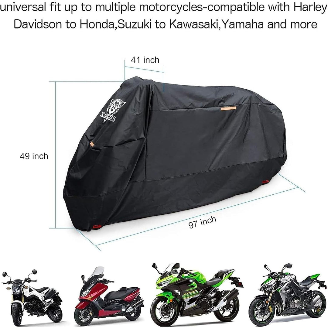 XYZCTEM Motorcycle Cover - Waterproof Outdoor Storage Bag, Made of Heavy Duty Material Fits up to 96 inch, Compatible with Harley Davison and All Motors(Black& Lockholes& Professional Windproof Strap) - Just Closeouts Canada Inc.