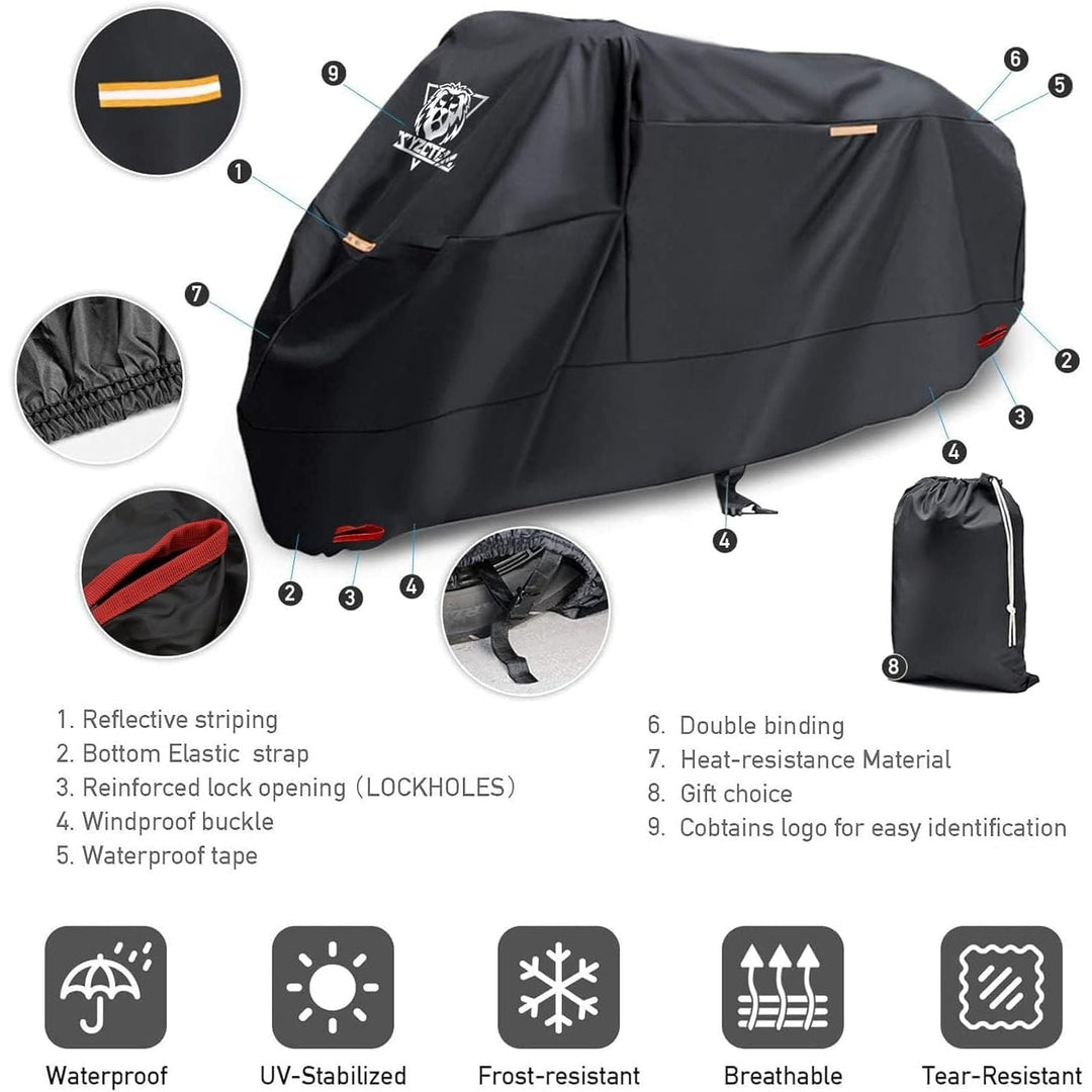 XYZCTEM Motorcycle Cover - Waterproof Outdoor Storage Bag, Made of Heavy Duty Material Fits up to 96 inch, Compatible with Harley Davison and All Motors(Black& Lockholes& Professional Windproof Strap) - Just Closeouts Canada Inc.