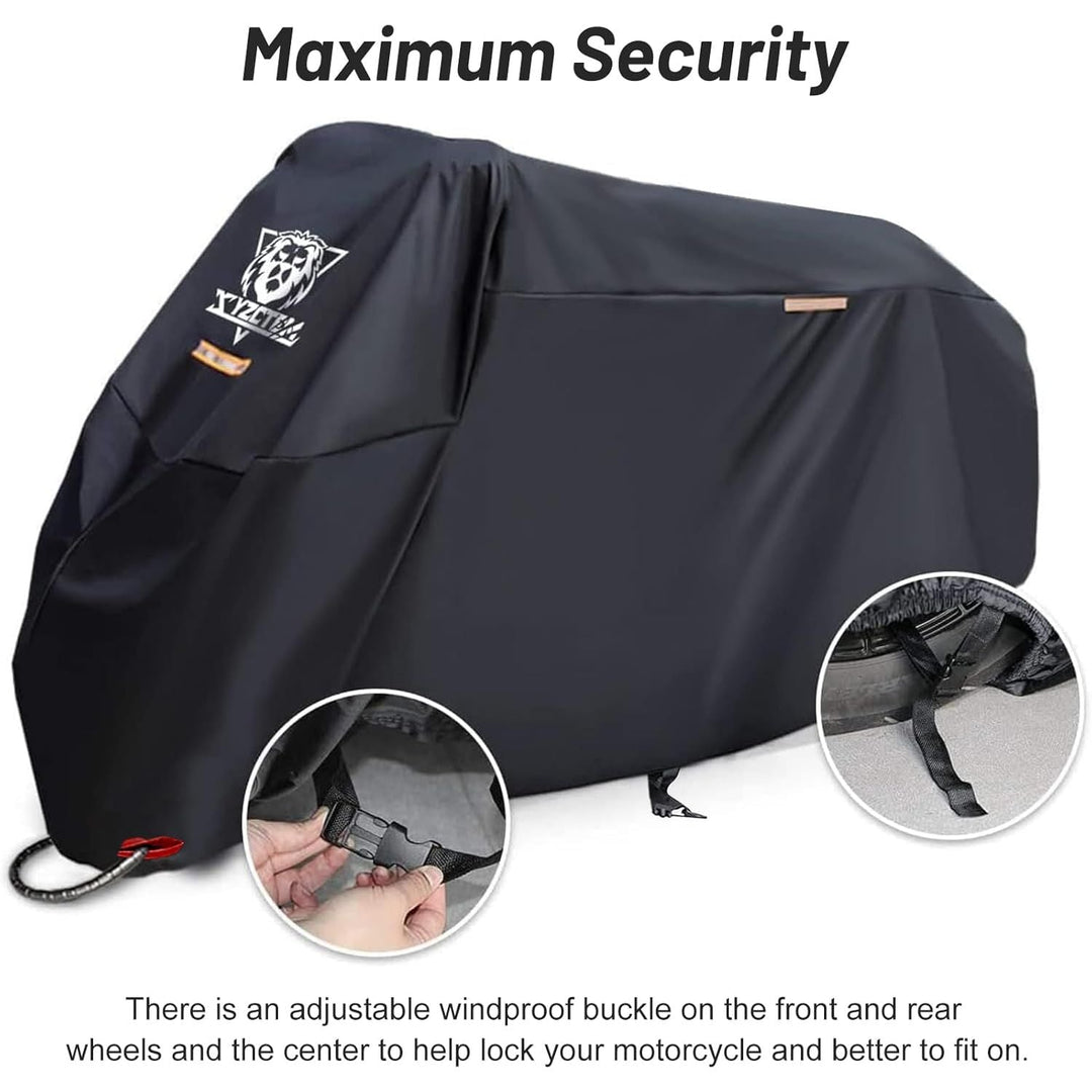 XYZCTEM Motorcycle Cover - Waterproof Outdoor Storage Bag, Made of Heavy Duty Material Fits up to 96 inch, Compatible with Harley Davison and All Motors(Black& Lockholes& Professional Windproof Strap) - Just Closeouts Canada Inc.