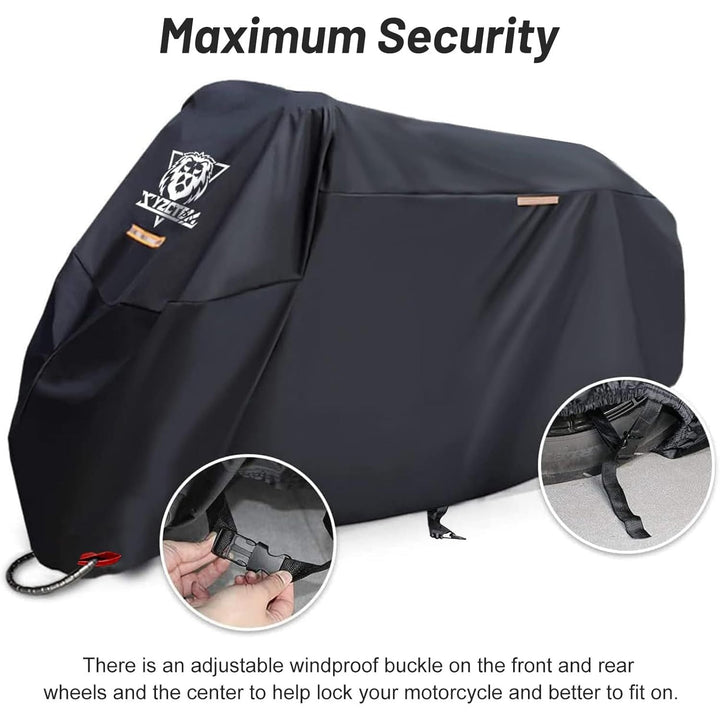 XYZCTEM Motorcycle Cover - Waterproof Outdoor Storage Bag, Made of Heavy Duty Material Fits up to 96 inch, Compatible with Harley Davison and All Motors(Black& Lockholes& Professional Windproof Strap) - Just Closeouts Canada Inc.