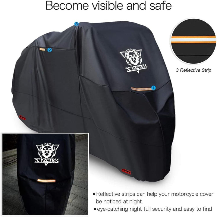 XYZCTEM Motorcycle Cover - Waterproof Outdoor Storage Bag, Made of Heavy Duty Material Fits up to 96 inch, Compatible with Harley Davison and All Motors(Black& Lockholes& Professional Windproof Strap) - Just Closeouts Canada Inc.