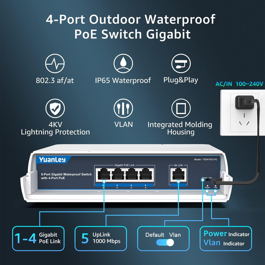 YuanLey 4 - Port PoE Switch Gigabit - Waterproof Outdoor Ethernet Unmanaged Network Switch with VLAN Function, 78W Built - in Power - Just Closeouts Canada Inc.