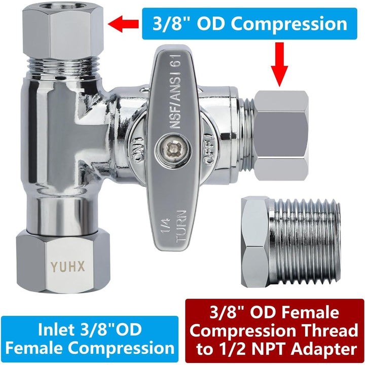 YUHX Brass Angle Stop Add - A - Tee Valve for TOTO Washlet Bidet and Handheld Sprayer, 3/8 Compression Connector 3 Way Diverter 3/8" x3/8" x3/8" or 1/2" Toilet T Adapter - Just Closeouts Canada Inc.