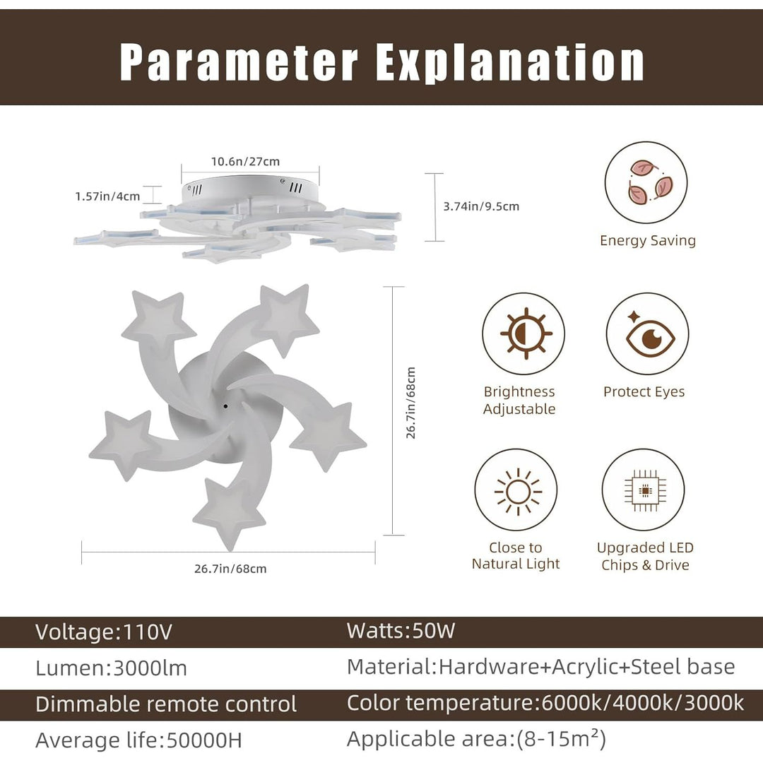 ZAITINZ Led Ceiling Lights,50W Flush Mount Ceiling Light Fixtures, Dimmable Luminaire Plafonnier,5 Stars Ceiling Lamp for Living Room,Bedroom,Dining Room,Kids Room,White,3000 - 6000K - Just Closeouts Canada Inc.