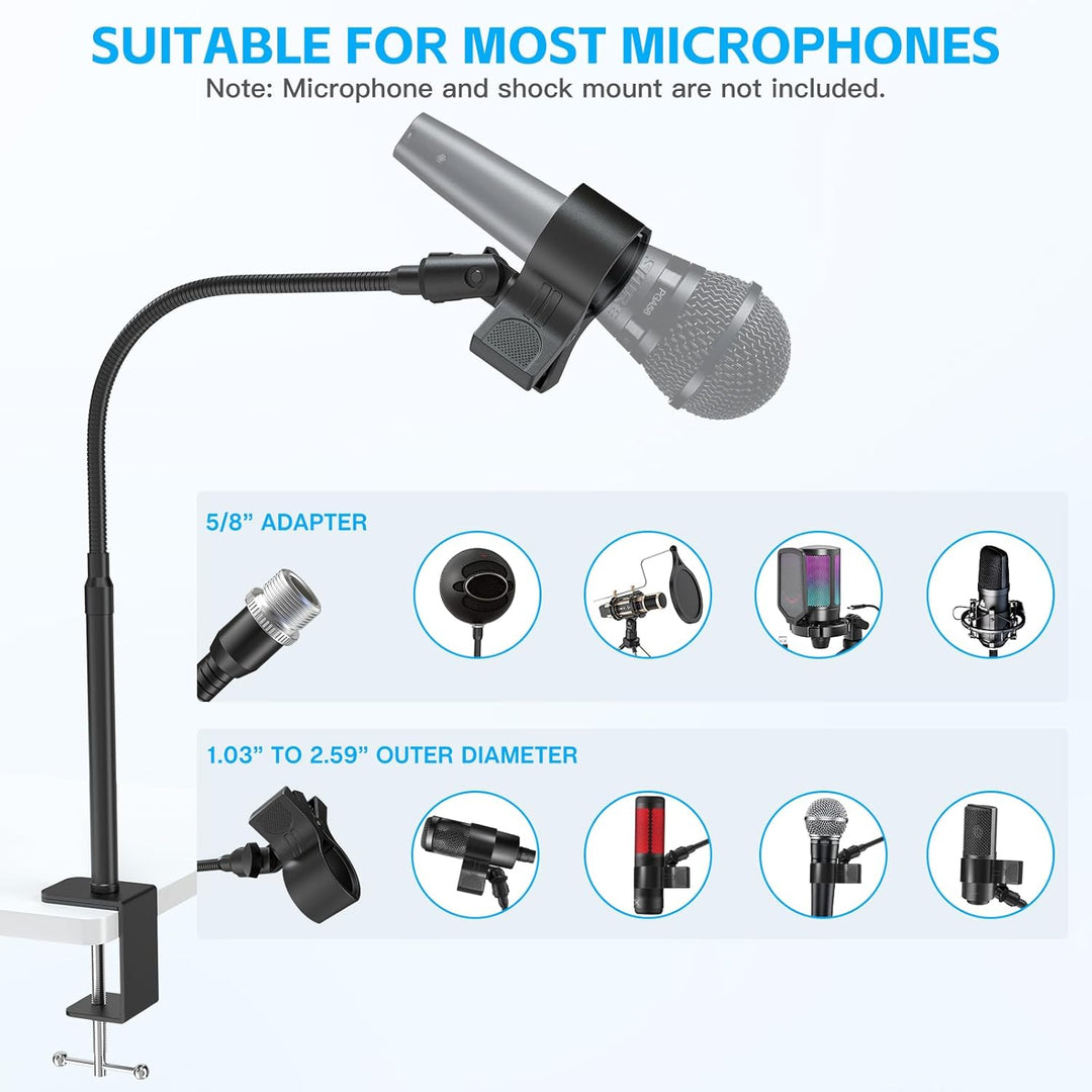 ZealSound Microphone Stand 19inch,Flexible Gooseneck Desktop Mic Stands,Upgraded Microphone Clip Holder for Mics with Outer Diameter 1.03" and 2.59",3/8" to 5/8" Screw Adapter for Blue Yeti and More - Just Closeouts Canada Inc.