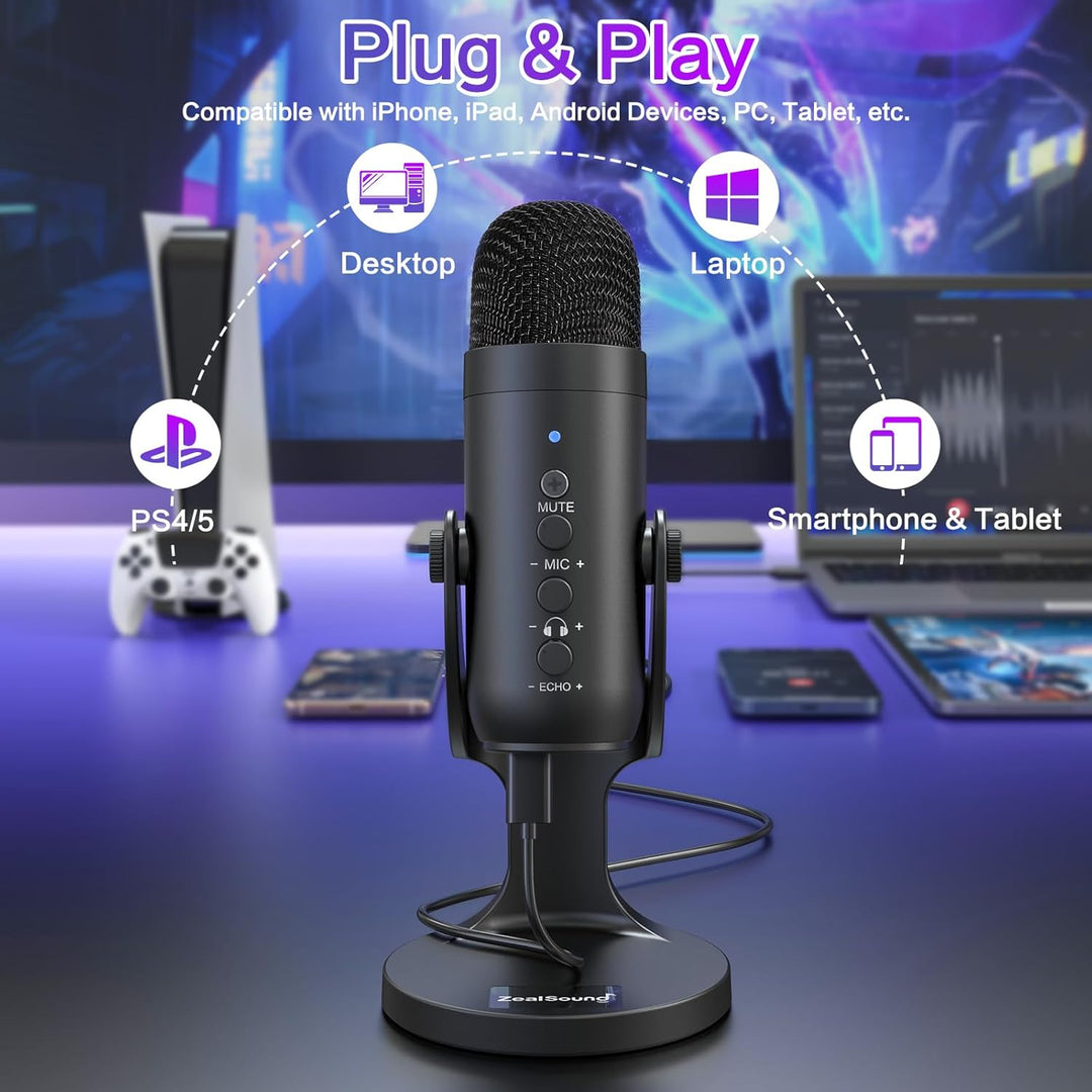 ZealSound USB Microphone,Condenser Phone Computer PC Mic kit,Plug&Play Gaming Microphones for PS 4&5.Mic Gain&Volume Control,Echo &Mute Button for Vocal,Record,Streaming,Discord YouTube Podcast on Mac - Just Closeouts Canada Inc.