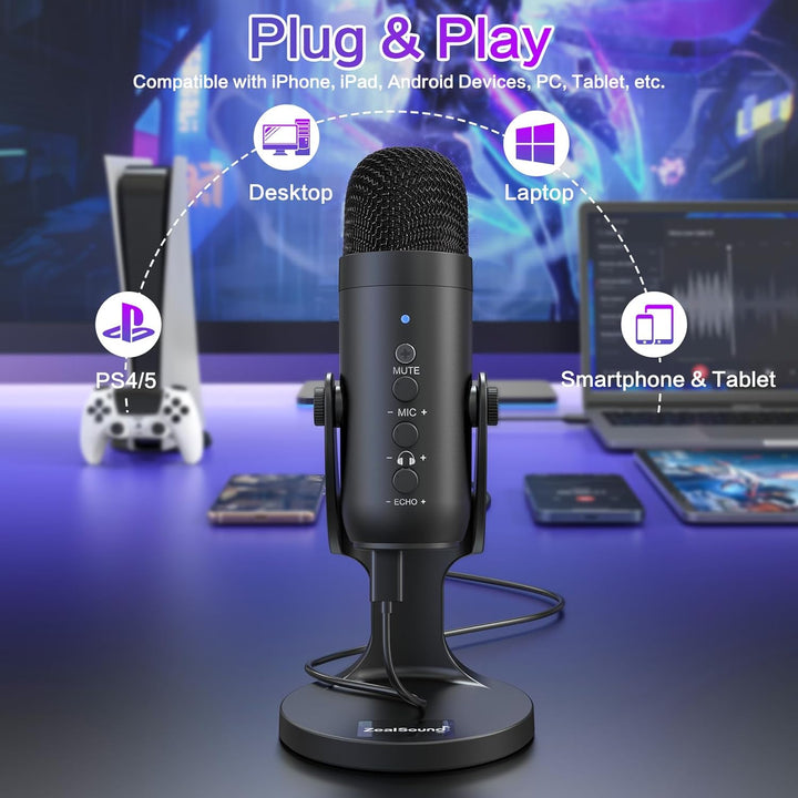 ZealSound USB Microphone,Condenser Phone Computer PC Mic kit,Plug&Play Gaming Microphones for PS 4&5.Mic Gain&Volume Control,Echo &Mute Button for Vocal,Record,Streaming,Discord YouTube Podcast on Mac - Just Closeouts Canada Inc.