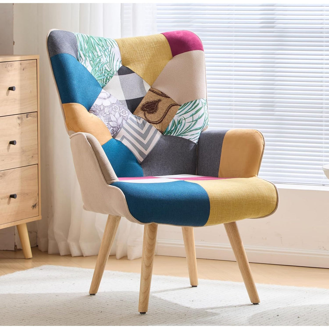 Zedachica Plaid Accent Armchair Upholstered Reading Chair Single Living Room Chair Mid Century Modern Chair with Wood Legs Boho Comfy Arm Chair with High Backrest for Bedroom, Waiting Room, Colorful - Just Closeouts Canada Inc.