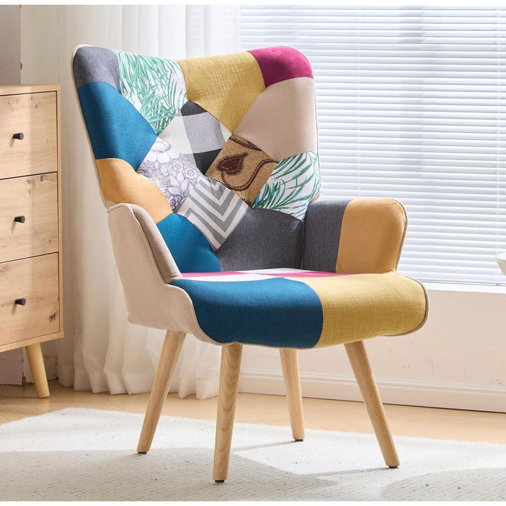 Zedachica Plaid Accent Armchair Upholstered Reading Chair Single Living Room Chair Mid Century Modern Chair with Wood Legs Boho Comfy Arm Chair with High Backrest for Bedroom, Waiting Room, Colorful - Just Closeouts Canada Inc.